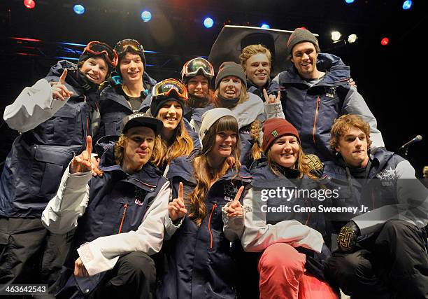 Members of the United States Olympic Freeskiing Team celebrate after being named to the team on day two of the Visa U.S. Freeskiing Grand Prix at...