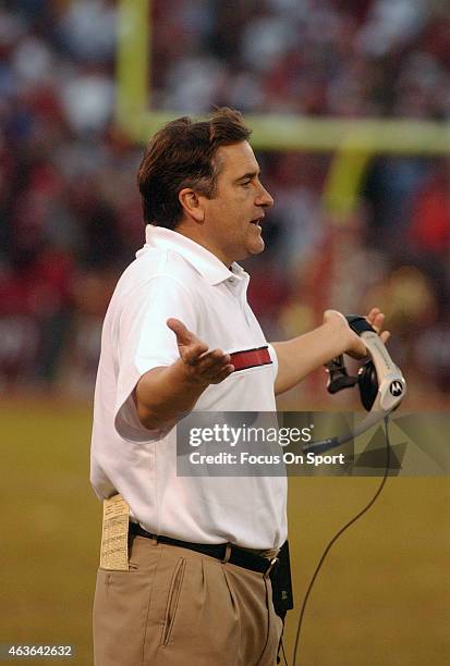 Head coach Steve Mariucci of the San Francisco 49ers looks on from the sidelines against the New York Giants during the NFC Wildcard game January 5,...