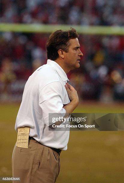 Head coach Steve Mariucci of the San Francisco 49ers looks on from the sidelines against the New York Giants during the NFC Wildcard game January 5,...