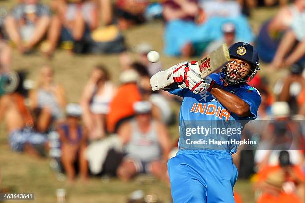 Shikhar Dhawan of India bats during the first One Day International match between New Zealand and India at McLean Park on January 19, 2014 in Napier,...