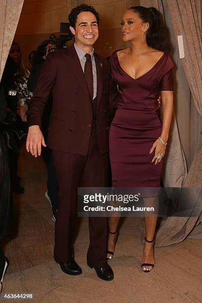 Designer Zac Posen and singer Rihanna pose backstage before the Zac Posen fashion show at Vanderbilt Hall at Grand Central Terminal on February 16,...