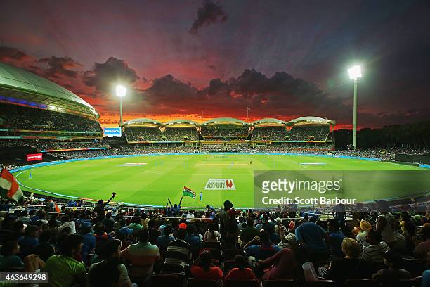 General view as the sun sets during the 2015 ICC Cricket World Cup match between India and Pakistan at Adelaide Oval on February 15, 2015 in...