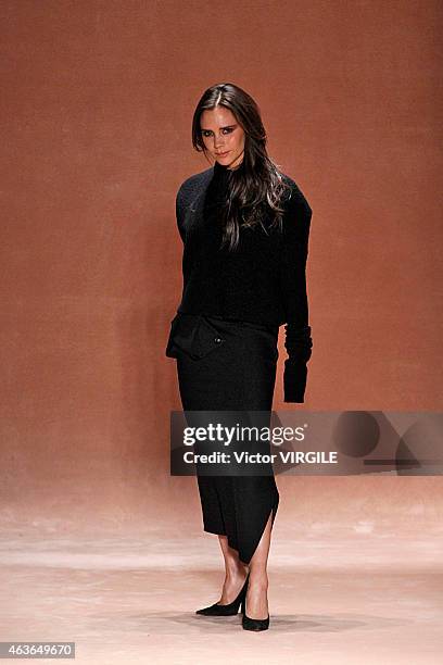 Designer Victoria Beckham walks the runway at the Victoria Beckham fashion show during Mercedes-Benz Fashion Week Fall 2015 at The Cunard Building on...