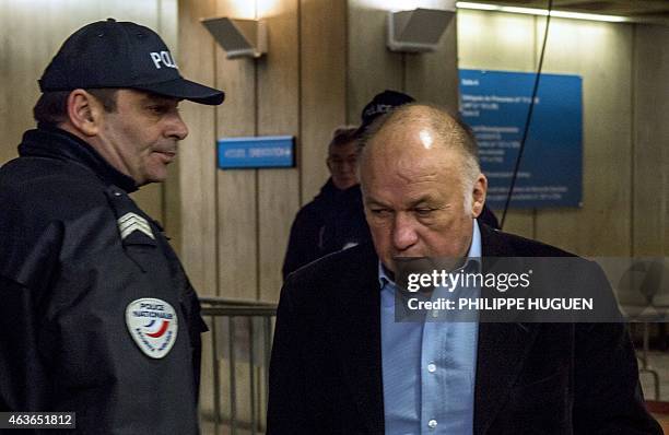 French-born brothel owner Dominique Alderweireld, aka "Dodo la Saumure" arrives at the Lille courthouse, on February 17 in the northern French city...