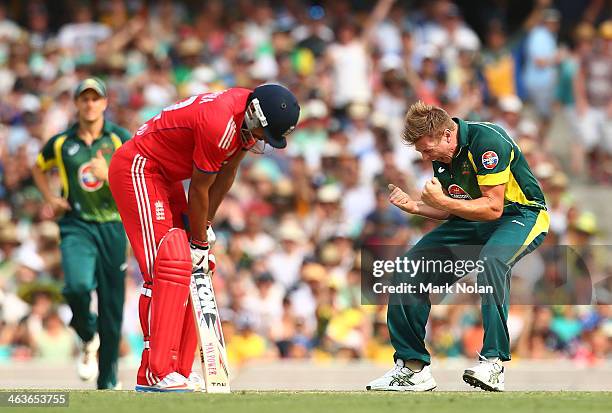 James Faulkner of Australia celebrates the wicket of Ravi Bopara of England during game three of the One Day International Series between Australia...