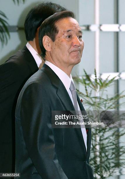 Agriculture Minister Koya Nishikawa is seen upon arrival at Prime Minister Shinzo Abe's official residence to attend a cabinet meeting on February...