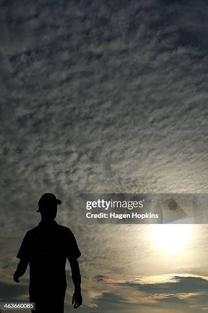Adam Milne of New Zealand looks on during the first One Day International match between New Zealand and India at McLean Park on January 19, 2014 in...
