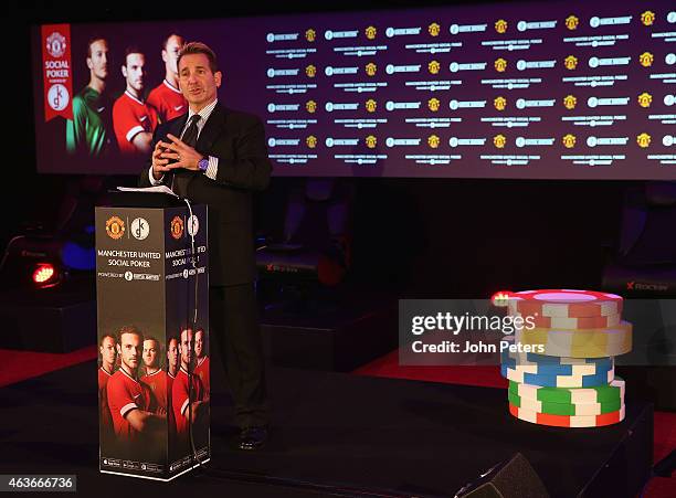 Of KamaGames Danny Hammet speaks at a press conference to launch Manchester United's partnership with KamaGames and unveil the first in a series of...