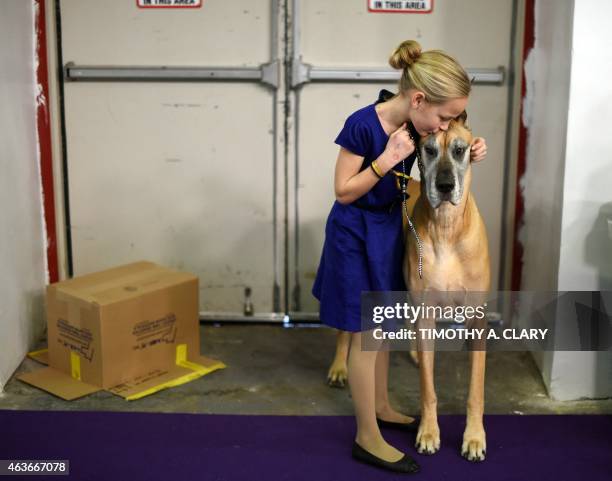 Emma Rogers from Columbus, New Jersey, and Great Dane "Joy" in the benching area at Pier 92 and 94 in New York City on the 2nd day of competition at...