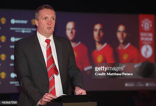Head of Manchester United Marketing Jonathan Rigby speaks at a press conference to launch Manchester United's partnership with KamaGames and unveil...