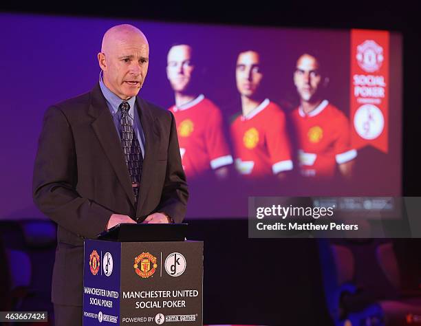 Of KamaGames Dan Miller speaks at a press conference to launch Manchester United's partnership with KamaGames and unveil the first in a series of...