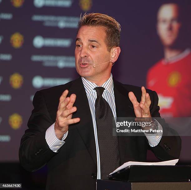 Of KamaGames Danny Hammet speaks at a press conference to launch Manchester United's partnership with KamaGames and unveil the first in a series of...