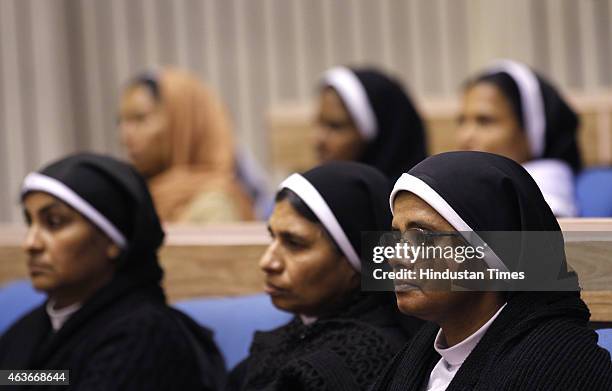 Nuns during a function to celebrate the elevation of Kuriakose Elias Chavara and Mother Euphrasia to sainthood on February 17, 2015 in New Delhi,...
