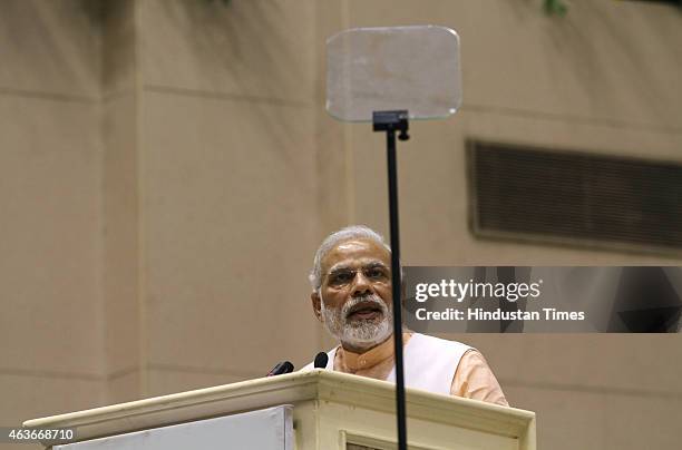 Prime Minister Narendra Modi using teleprompter during his speech at a function to celebrate the elevation of Kuriakose Elias Chavara and Mother...