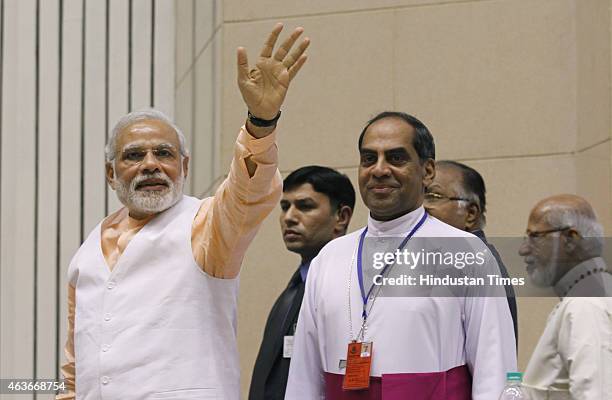 Prime Minister Narendra Modi leaves after addressing a function to celebrate the elevation of Kuriakose Elias Chavara and Mother Euphrasia to...