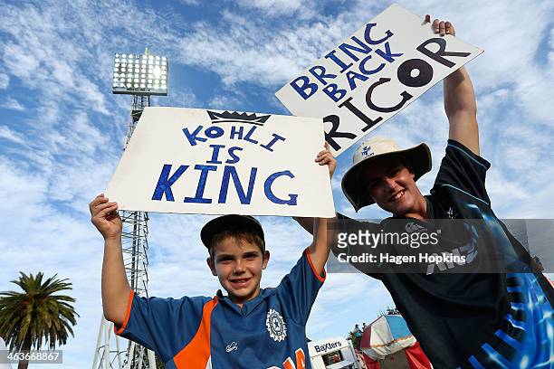 Fans show their support during the first One Day International match between New Zealand and India at McLean Park on January 19, 2014 in Napier, New...