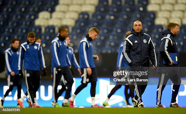 Head coach Roberto di Matteo is seen during a FC Schalke 04 training session prior to their UEFA Champions League match against Real Madrid at...