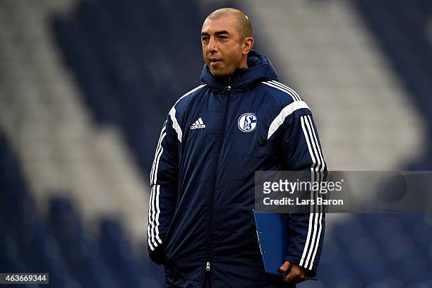 Head coach Roberto di Matteo is seen during a FC Schalke 04 training session prior to their UEFA Champions League match against Real Madrid at...