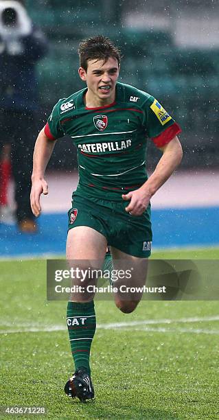 Ben White of Leicester during the Premiership Rugby/RFU U18 Academy Finals Day match between Leicester and Bath at The Allianz Park on February 16,...