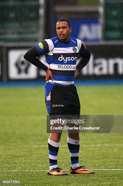 Sam Rees of Bath during the Premiership Rugby/RFU U18 Academy Finals Day match between Leicester and Bath at The Allianz Park on February 16, 2015 in...