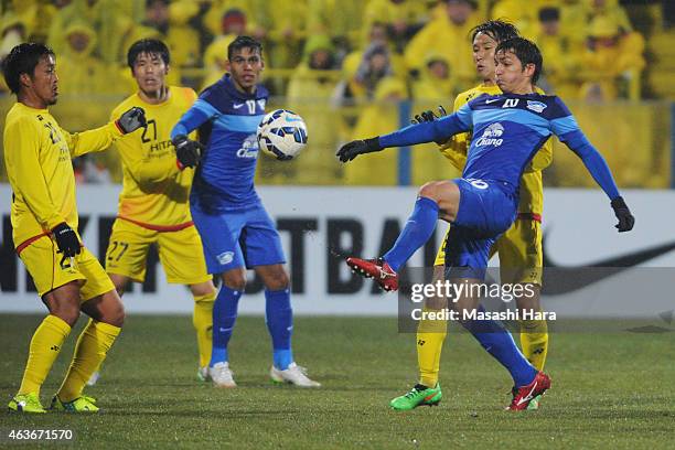 Juliano Mineiro of Chonburi FC in action during the AFC Champions League playoff round match between Kashiwa Reysol and Chonburi FC at Hitachi...