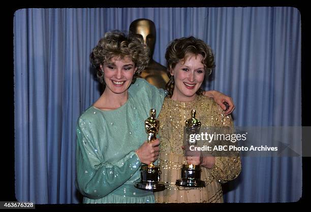 Backstage Coverage - Airdate: April 11, 1983. JESSICA LANGE , WINNER BEST SUPPORTING ACTRESS FOR "TOOTSIE" AND MERYL STREEP, WINNER BEST ACTRESS FOR...