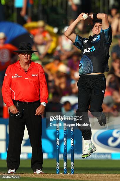 Adam Milne of New Zealand bowls during the first One Day International match between New Zealand and India at McLean Park on January 19, 2014 in...