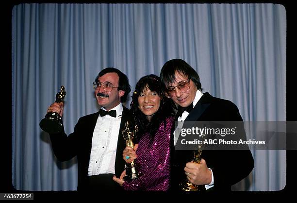 Backstage Coverage - Airdate: April 11, 1983. L-R: WILL JENNINGS, BUFFY SAINTE-MARIE AND JACK NITZSCHE, WINNERS BEST ORIGINAL SONG FOR "UP WHERE WE...