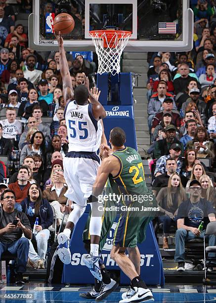 Bernard James of the Dallas Mavericks shoots against the Utah Jazz on February 11, 2015 at the American Airlines Center in Dallas, Texas. NOTE TO...