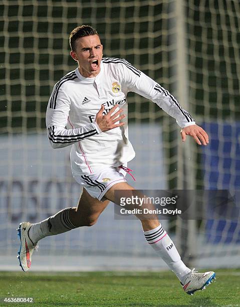 Borja Mayoral of Real Madrid celebrates after scoring Real's opening goal during the UEFA Youth League Round of 16 match between Real Madrid and FC...