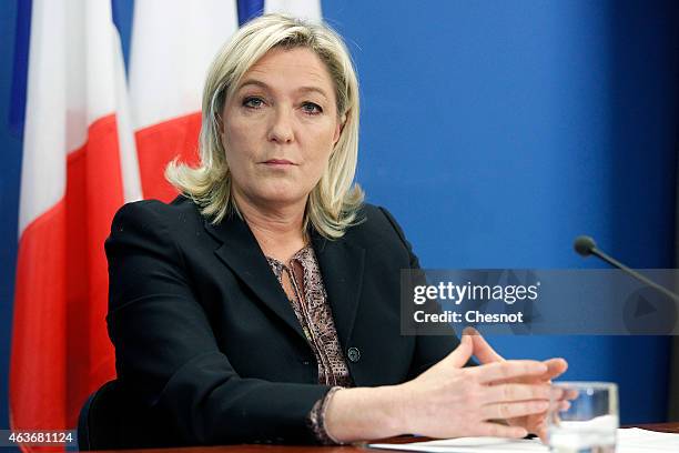 France's far-right National Front party president Marine Le Pen holds a press conference on February 17, 2015 in Nanterre, France. The press...