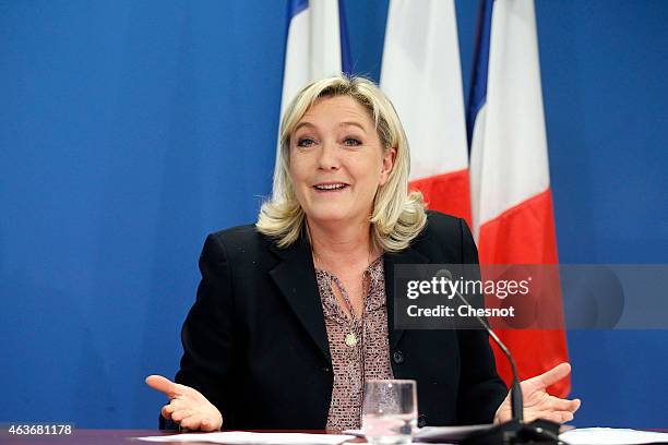 France's far-right National Front party president Marine Le Pen holds a press conference on February 17, 2015 in Nanterre, France. The press...