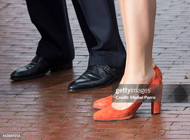 Queen Maxima of The Netherlands and King Willem-Alexander of The Netherlands arrive at the Veenkoloniaal Museum on February 17, 2015 in Veendam, The...