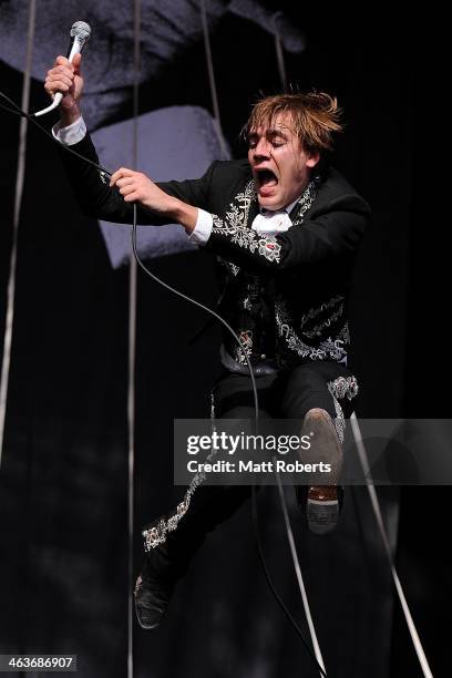 Pelle Almqvist of The Hives performs live for fans during the 2014 Big Day Out Festival at Metricon Stadium on January 19, 2014 on the Gold Coast,...