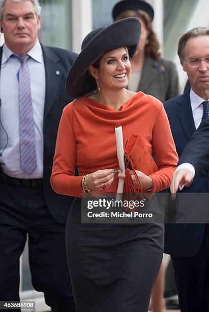 Queen Maxima of The Netherlands visits Stenden College on February 17, 2015 in Emmen, The Netherlands. The royal couple paid a visit to the north...