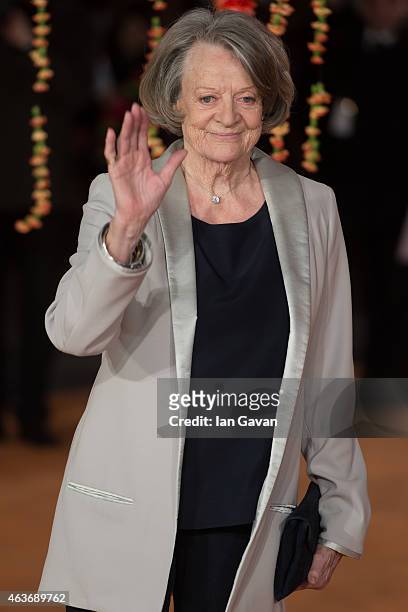 Dame Maggie Smith attends The Royal Film Performance and World Premiere of "The Second Best Exotic Marigold Hotel" at Odeon Leicester Square on...