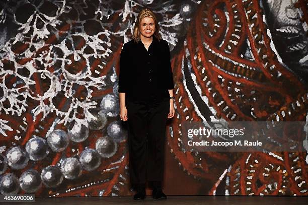 Designer Jenny Packham walks the runway at the Jenny Packham fashion show during Mercedes-Benz Fashion Week Fall 2015 at Industria Studios on...