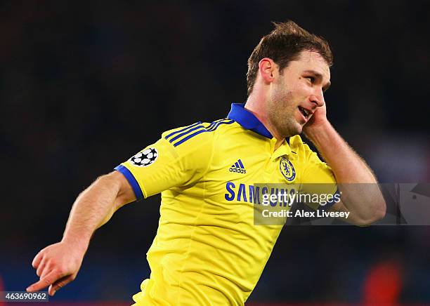 Branislav Ivanovic of Chelsea celebrates as he scores their first goal during the UEFA Champions League Round of 16 match between Paris Saint-Germain...