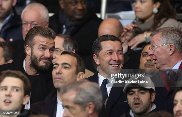 David Beckham and Sir Alex Ferguson attend the UEFA Champions League Round of 16 between Paris Saint-Germain and Chelsea at Parc Des Princes on...