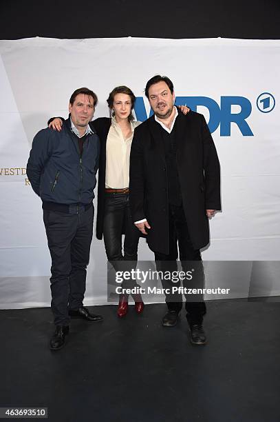 Actor Michael Maertens, actress Natalia Belitski and actor Charly Huebner attend the premiere of 'Vorsicht vor Leuten' at the Cinenova on February...