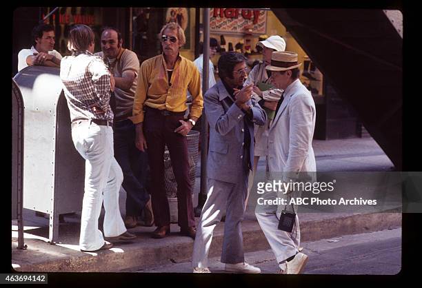 Location Shooting in Chicago - Shoot Date: January 10, 1974. DARREN MCGAVIN WITH WIFE AND ASSISTANT KATHIE BROWNE AND DIRECTOR ALLEN BARON