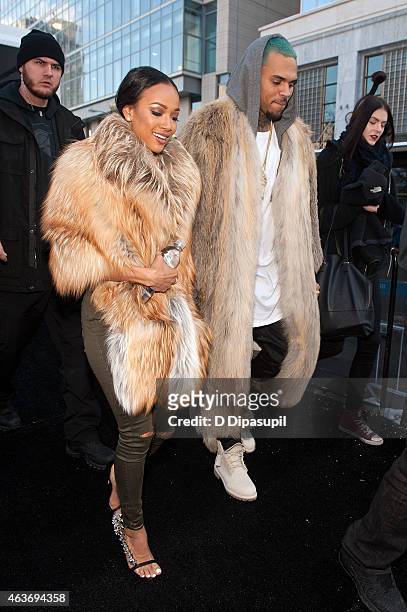 Chris Brown and Karrueche Tran are seen during Mercedes-Benz Fashion Week Fall 2015 at Lincoln Center for the Performing Arts on February 17, 2015 in...