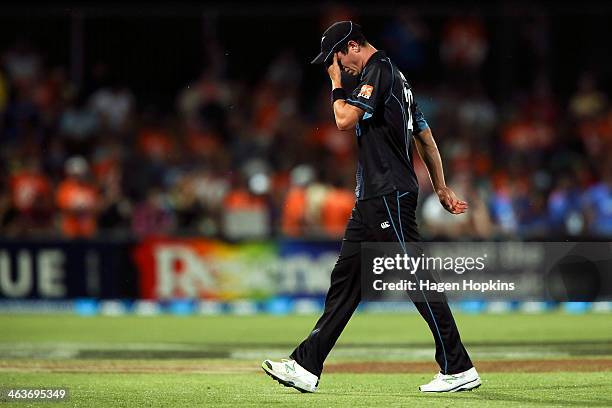 Adam Milne of New Zealand leaves the field midway through bowling an over during the first One Day International match between New Zealand and India...