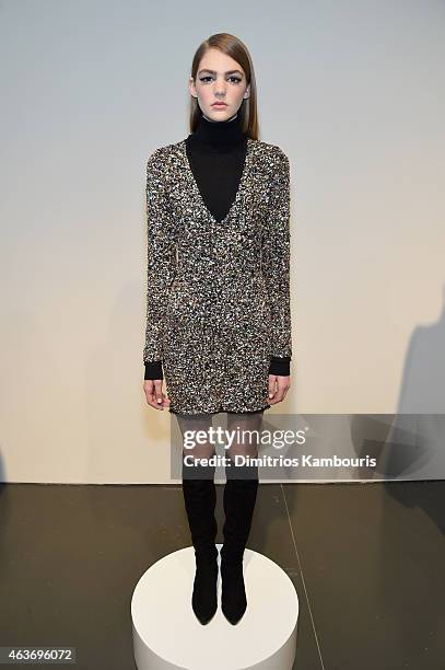 Model poses at the Rachel Zoe presentation during Mercedes-Benz Fashion Week Fall 2015 at Affirmation Arts on February 17, 2015 in New York City.
