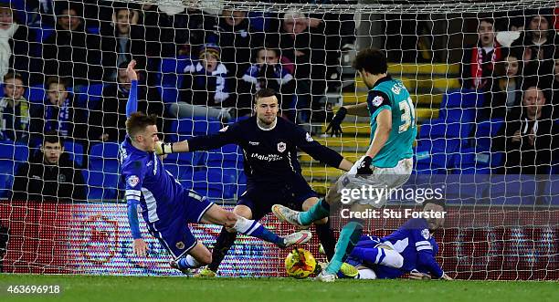Blackburn player Rudy Gestede fires in the equaliser past goalkeeper David Marshall of Cardiff during the Sky Bet Championship match between Cardiff...