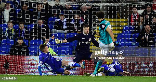 Blackburn player Rudy Gestede fires in the equaliser past goalkeeper David Marshall of Cardiff during the Sky Bet Championship match between Cardiff...