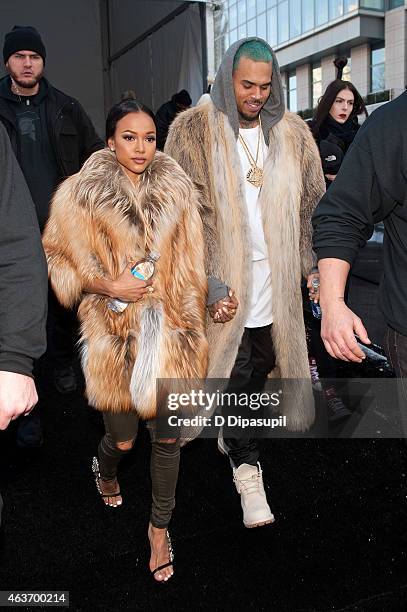Chris Brown and Karrueche Tran are seen during Mercedes-Benz Fashion Week Fall 2015 at Lincoln Center for the Performing Arts on February 17, 2015 in...