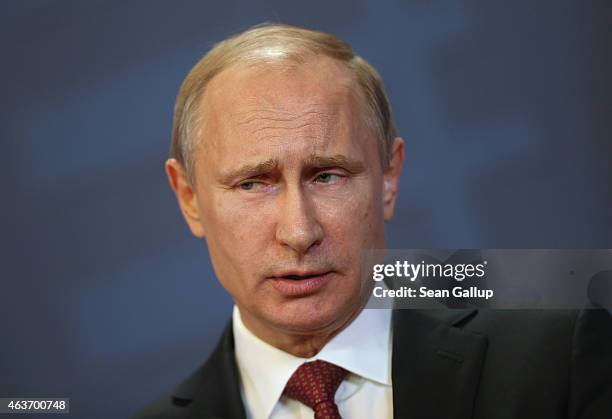 Russian President Vladimir Putin speaks to the media with Hungarian Prime Minister Viktor Orban at Parliament on February 17, 2015 in Budapest,...