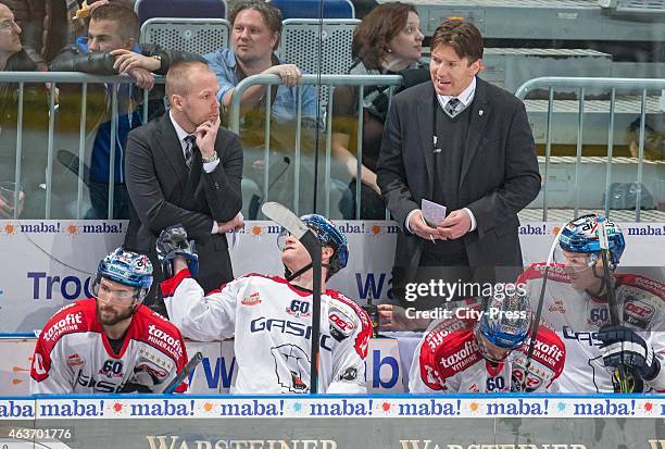 Assistant coach Vince Malette and coach Uwe Krupp of the Eisbaeren Berlin during the game between Adler Mannheim and Eisbaeren Berlin on February 17,...