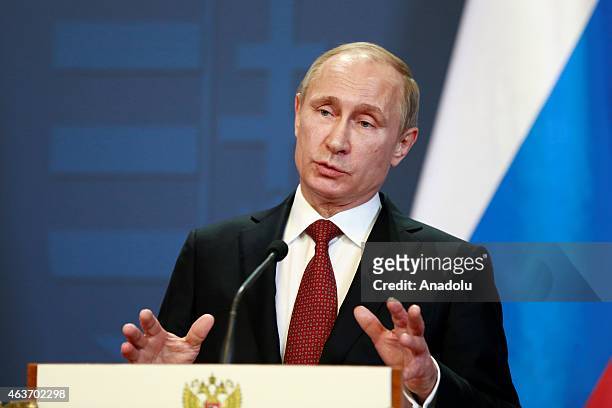 Russian President Vladimir Putin holds a press conference after meeting Hungarian Prime Minister Viktor Orban at Parliament on February 17, 2015 in...